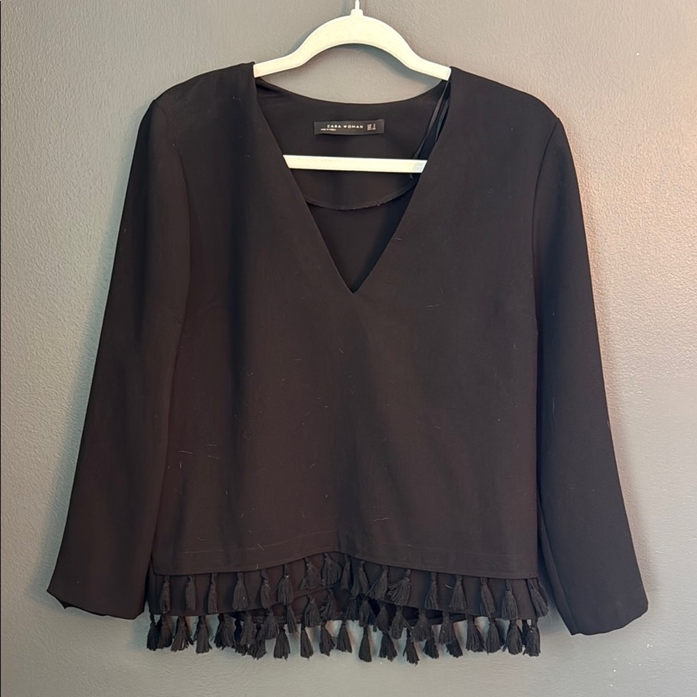 Black V-Neck Top with Tassel Hem